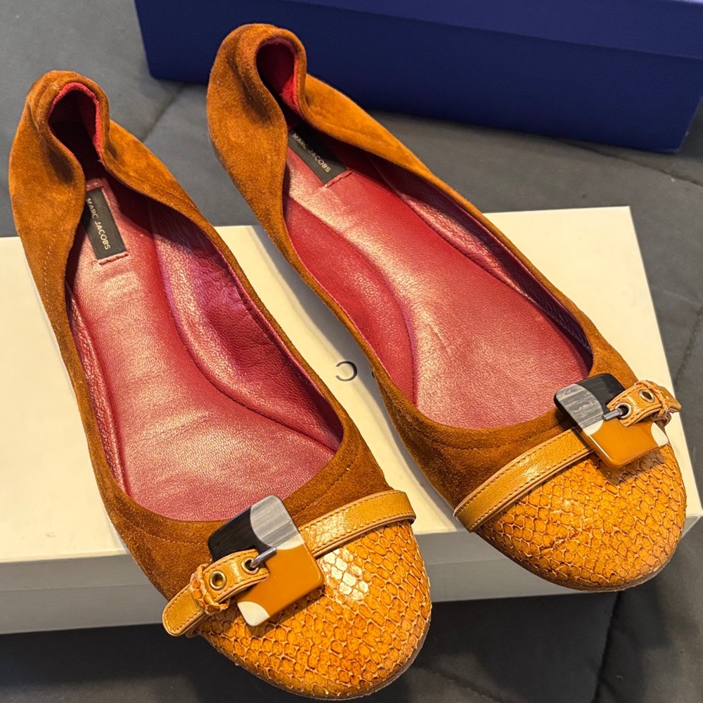 Marc Jacobs Orange and brown suede Flats with Buckle Detail
